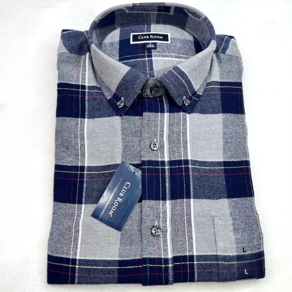 New Club Room Men's Blue Plaid Flannel Shirt Large - Picture 1 of 4